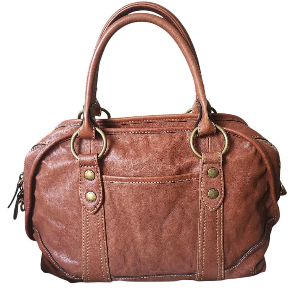 FRYE Melissa Dark Brown CognacDomed Leather Satchel Bag Double Rolled Handles - Picture 1 of 13